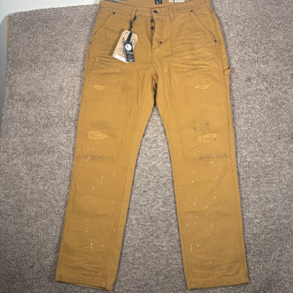 Prps Type P2 Rigid Carpenter Pants Mustard Yellow Distressed Paint Splatter 36
